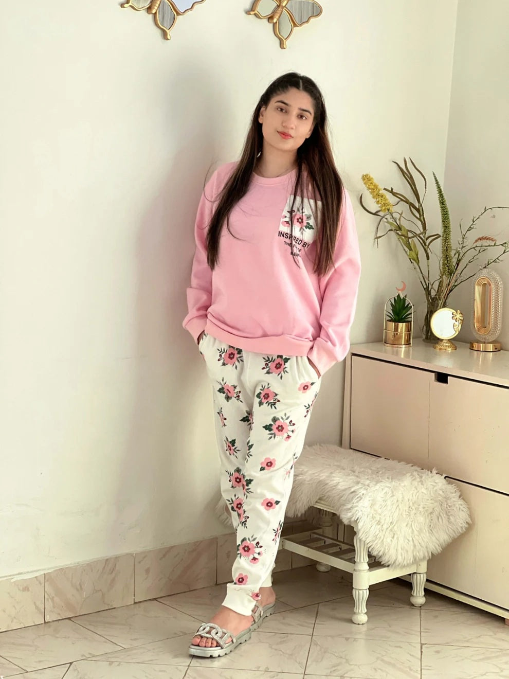 Winter Pink Pocket Printed Night Suit