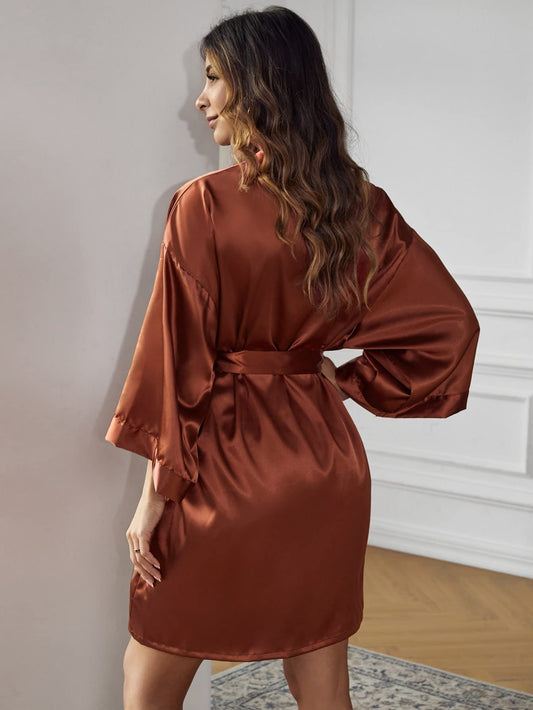women Drop Shoulder Belted Satin Lounge Robe Soft and Comfortable (Color : Rust Brown, Size :Free Size)