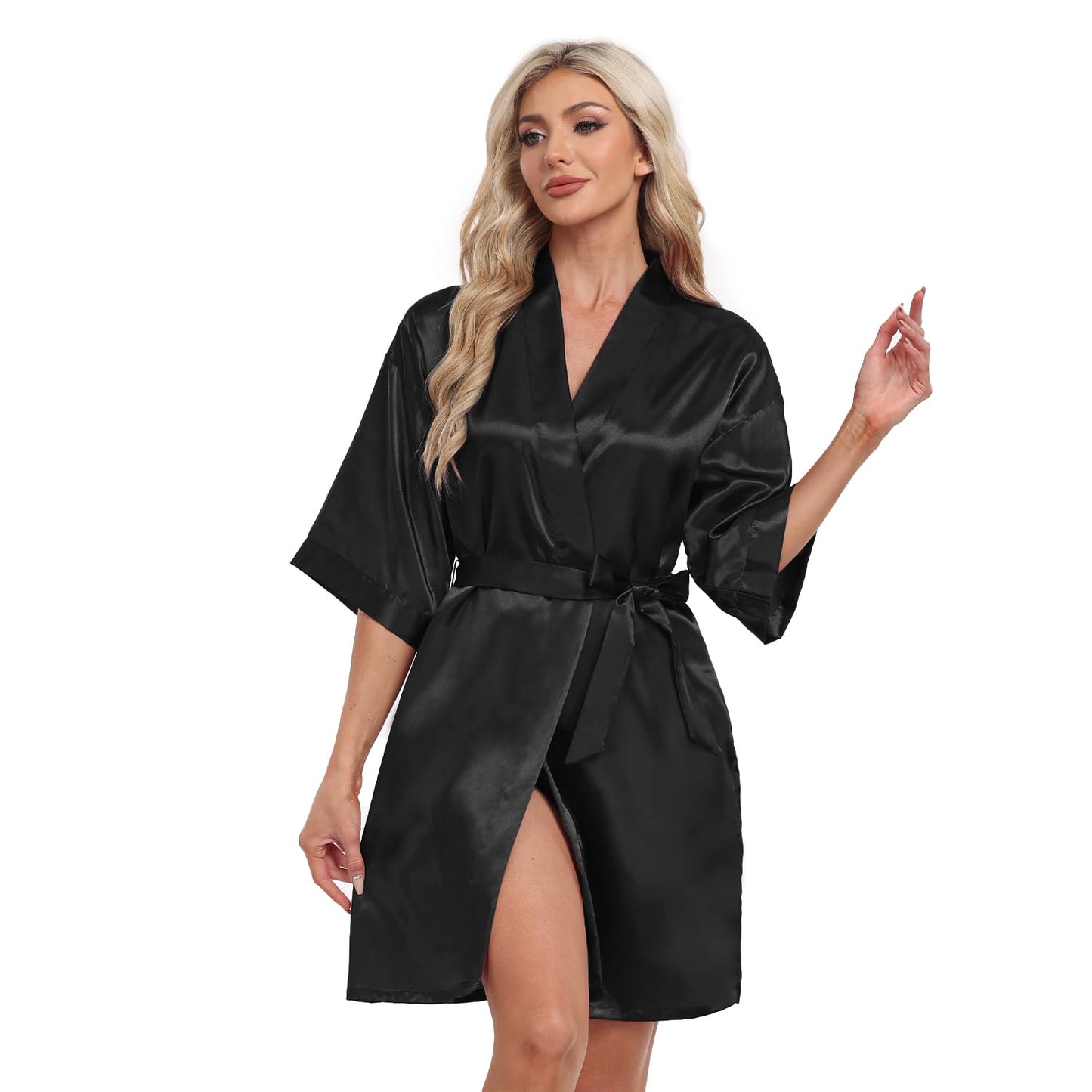 Black Teemie Women's Satin Robe Short Kimono Bathrobes Bride Bridesmaid Wedding Party Robes Sleepwear with Pockets