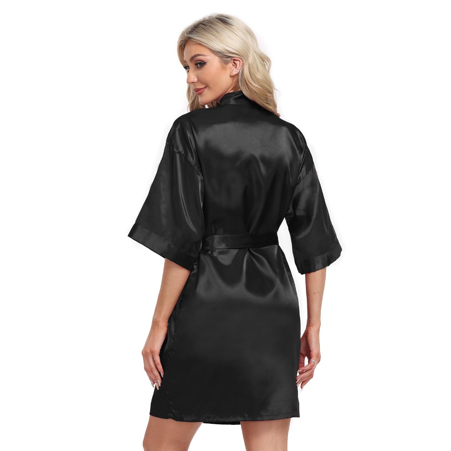 Black Teemie Women's Satin Robe Short Kimono Bathrobes Bride Bridesmaid Wedding Party Robes Sleepwear with Pockets