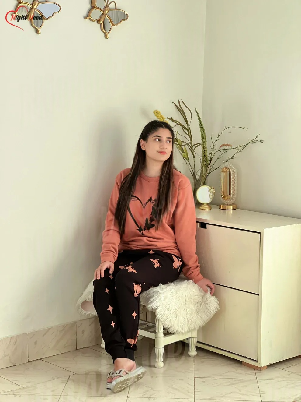 Winter Heart and Butterfly Printed Night Suit