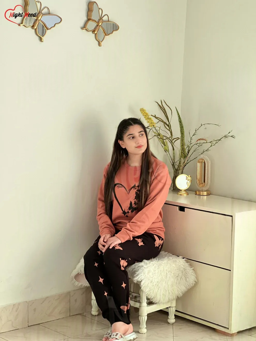 Winter Heart and Butterfly Printed Night Suit
