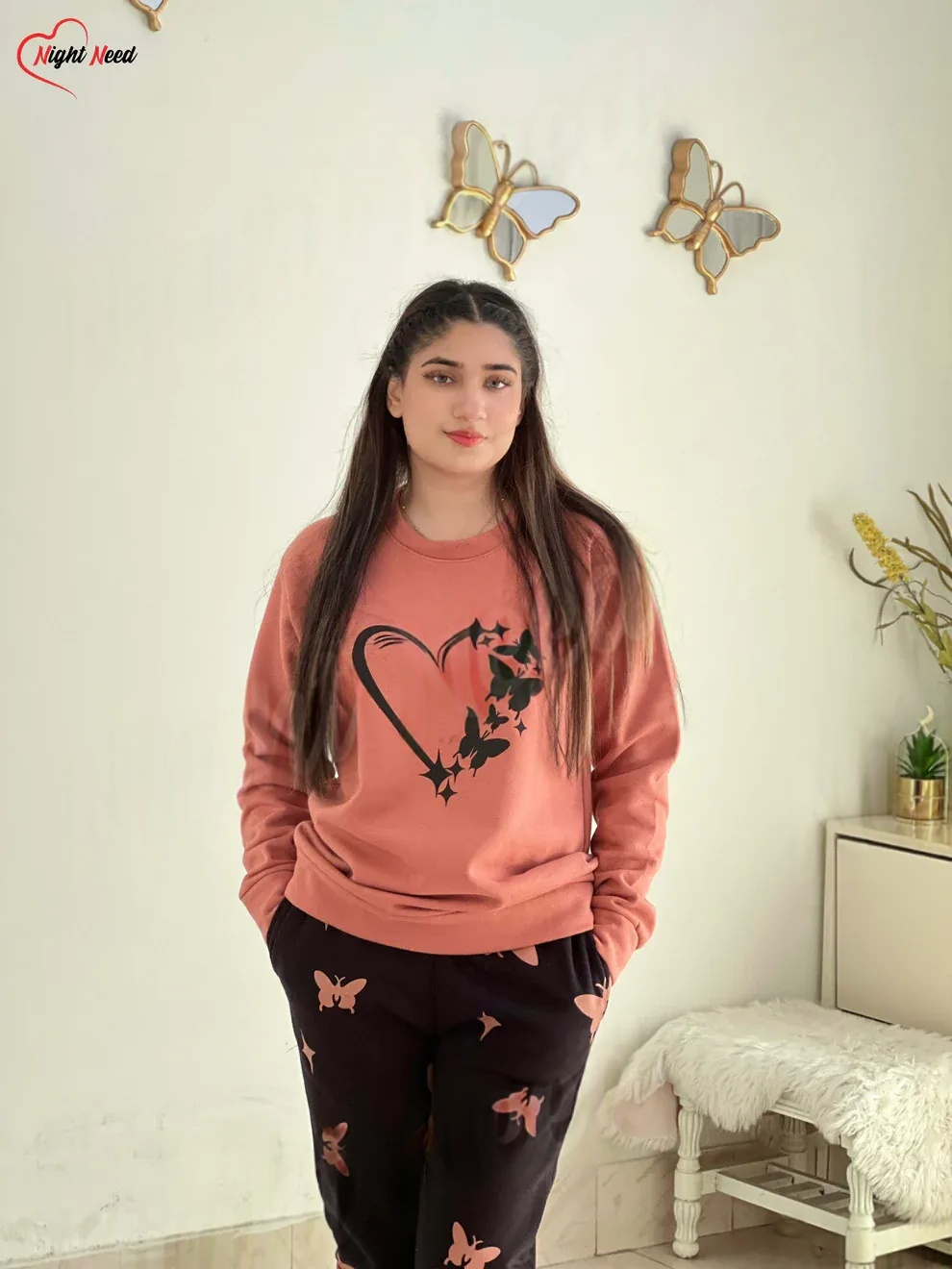 Winter Heart and Butterfly Printed Night Suit