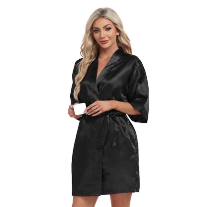 Black Teemie Women's Satin Robe Short Kimono Bathrobes Bride Bridesmaid Wedding Party Robes Sleepwear with Pockets