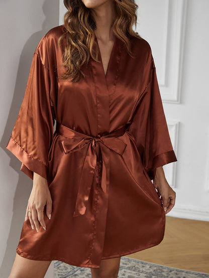 women Drop Shoulder Belted Satin Lounge Robe Soft and Comfortable (Color : Rust Brown, Size :Free Size)