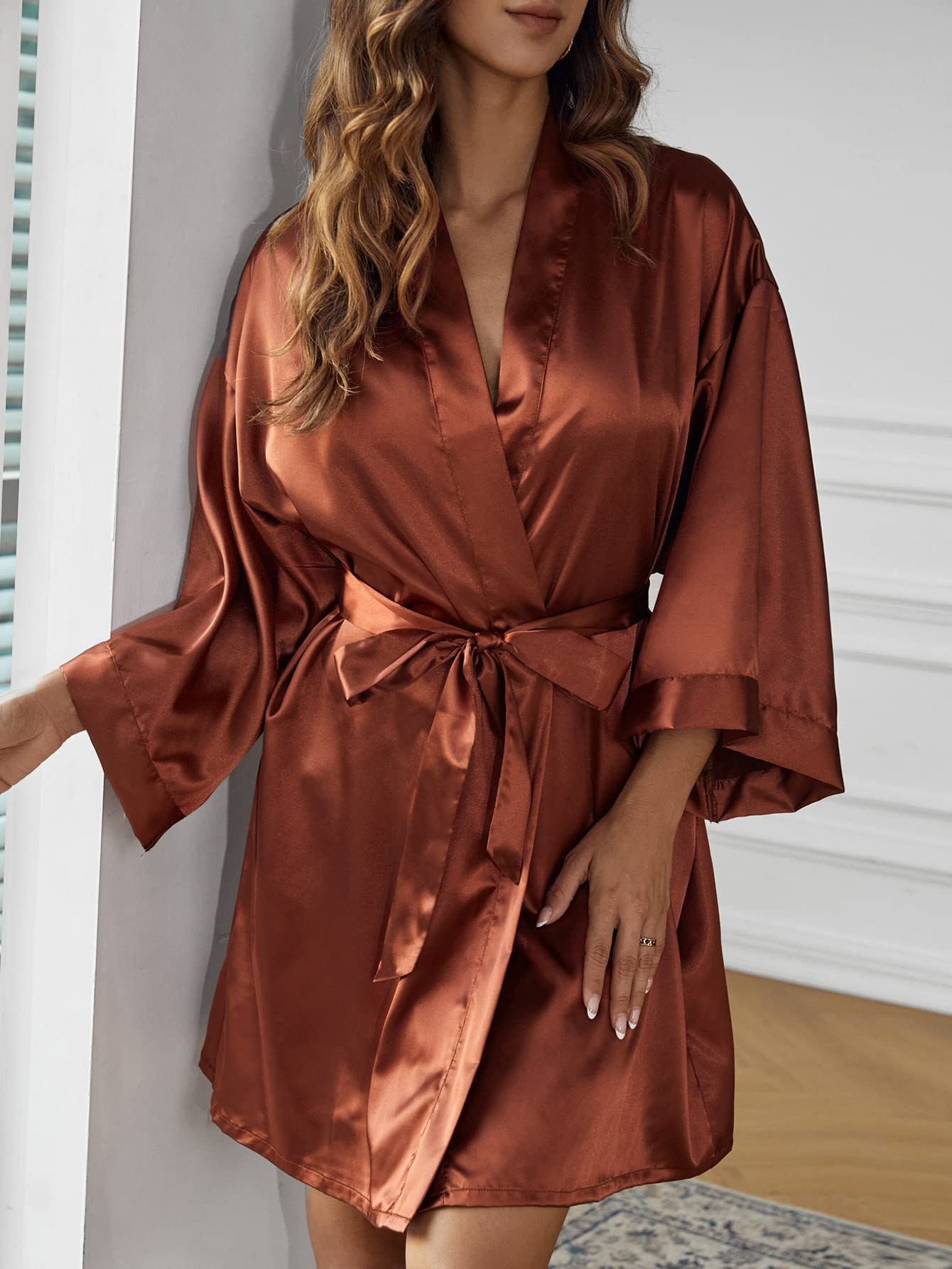 women Drop Shoulder Belted Satin Lounge Robe Soft and Comfortable (Color : Rust Brown, Size :Free Size)