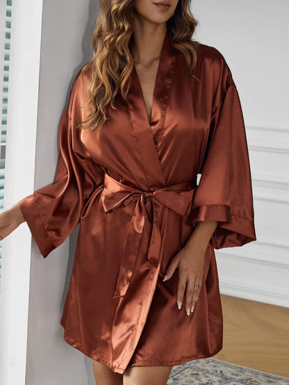 women Drop Shoulder Belted Satin Lounge Robe Soft and Comfortable (Color : Rust Brown, Size :Free Size)