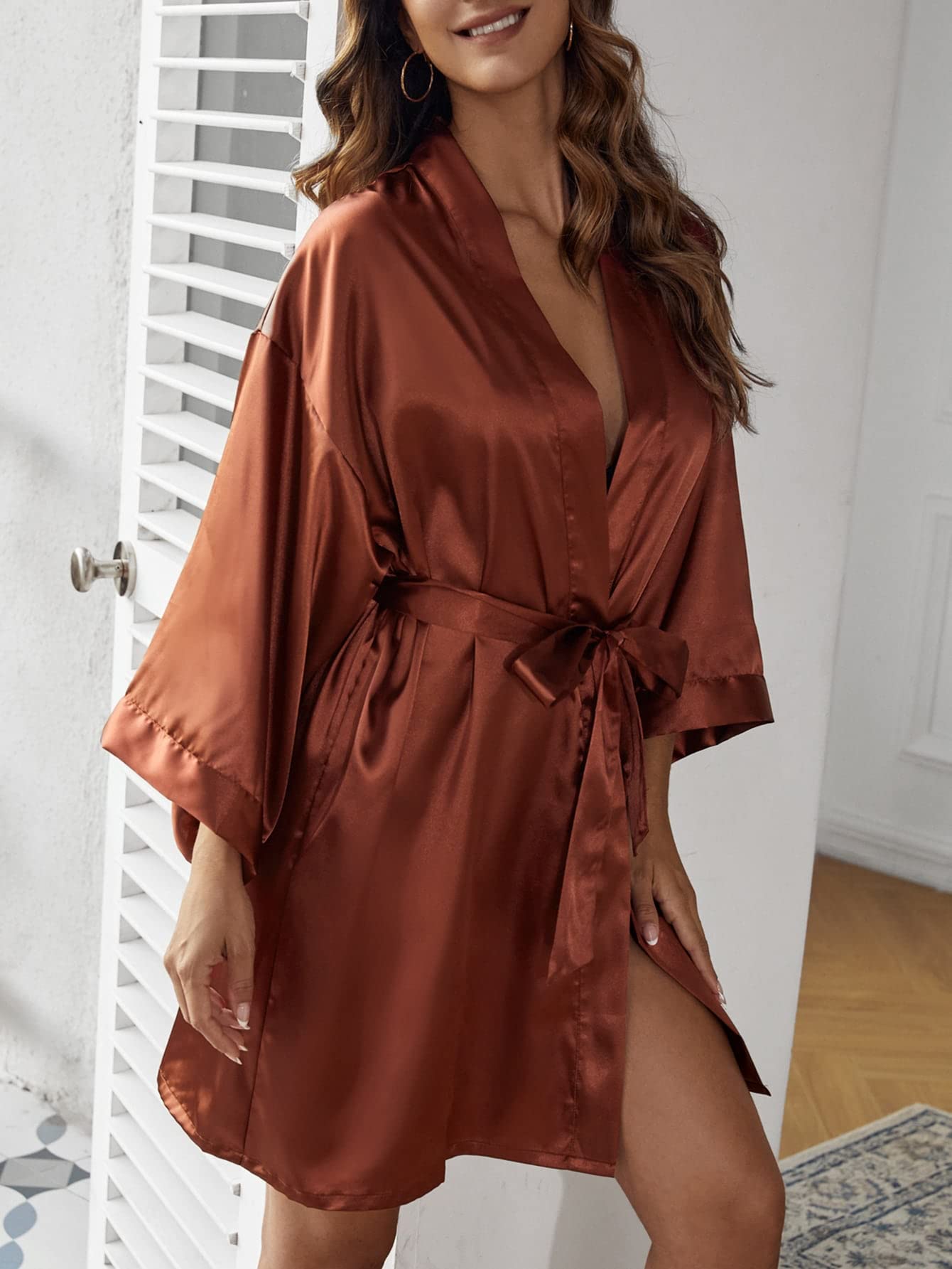 women Drop Shoulder Belted Satin Lounge Robe Soft and Comfortable (Color : Rust Brown, Size :Free Size)